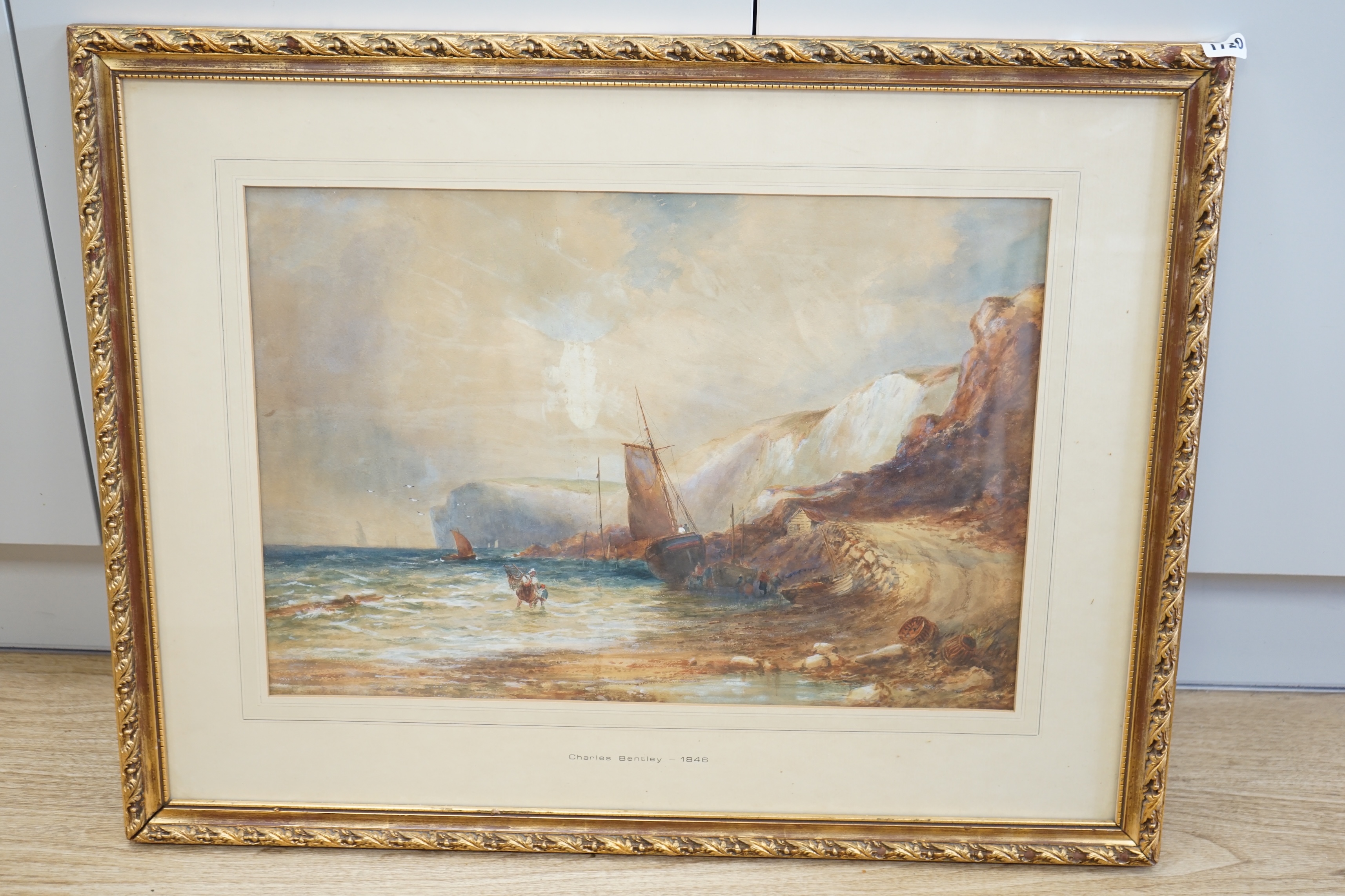 Charles Bentley OWS (1806-1854), watercolour, ‘Shrimping scene with cliffs, South coast’, signed, 38 x 54cm, ornate gilt framed. Condition - fair